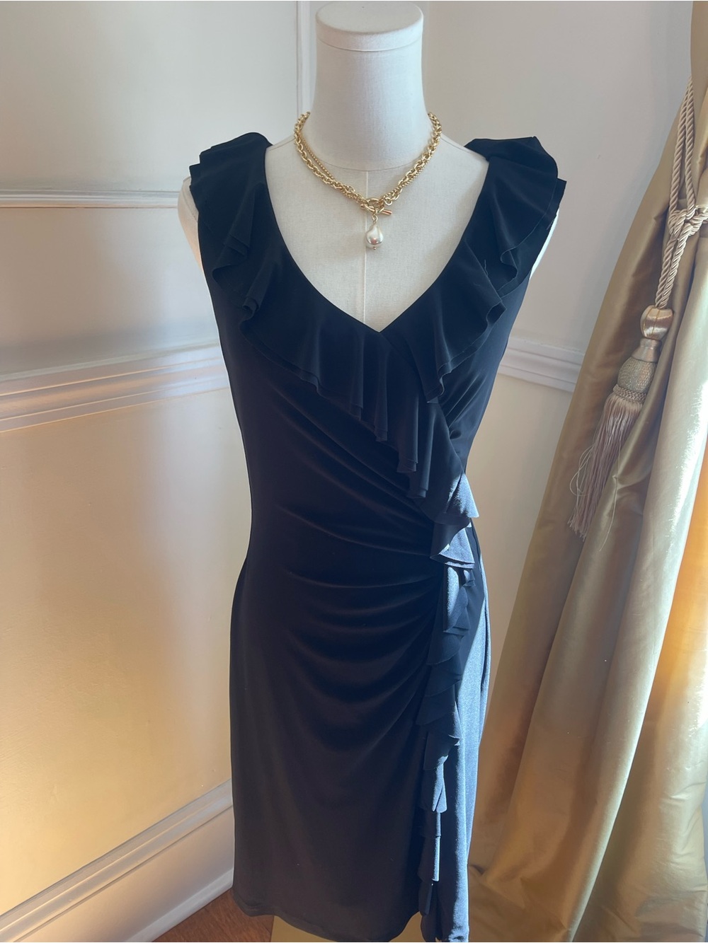 Ralph Lauren Black Ruffle-Trim Midi Dress